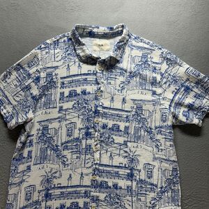 Folk Shirt Mens Large White Blue Short Sleeve Button Up Scenic City Toile Print